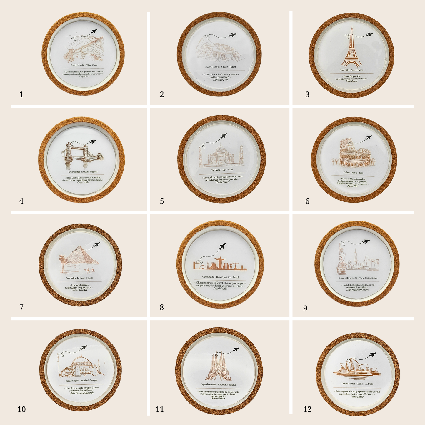 Dessous de verre en Jesmonite fait main - Monuments du monde