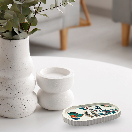 Plateau décoratif en jesmonite avec tissu fleuri incrusté — Collection Fleurs