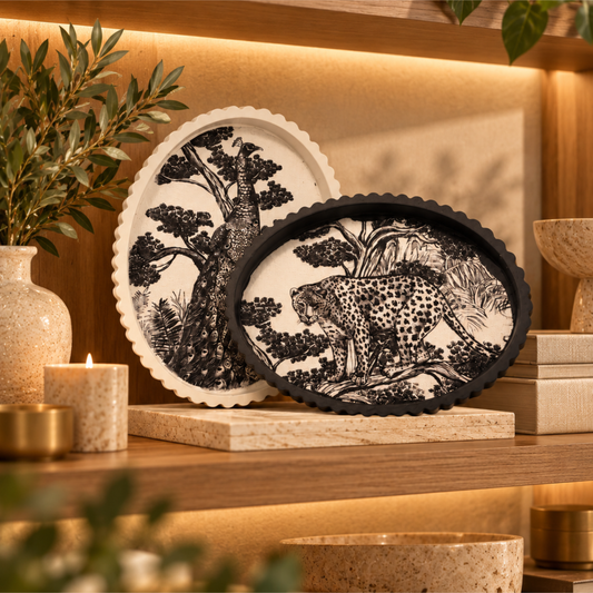 Plateau décoratif en jesmonite avec tissu incrusté – Collection Jungle
